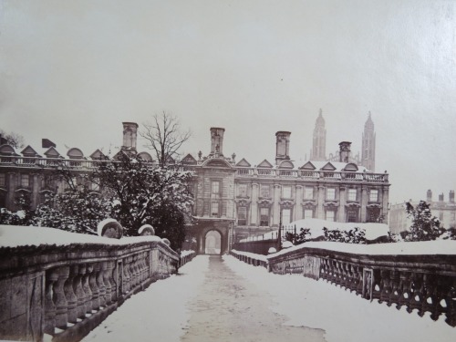 Clare College in winter. Cambridge University, England, ca. 1870.