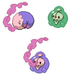 musharna and duosion. I had to reupload because there was a line of blue pixels to the left that was bothering me so badly. this one is my favorite so far. it&rsquo;s kind of like a pokemon fetus.