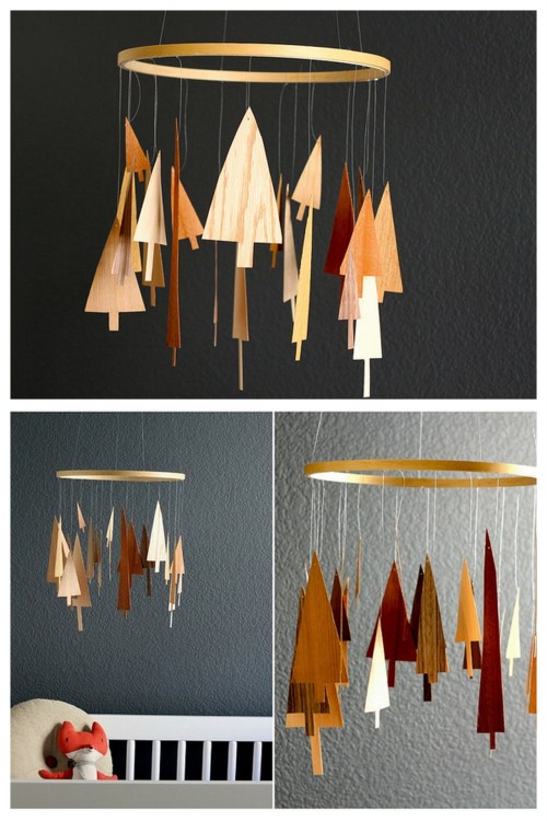 rainbowsandunicornscrafts:DIY Wood Veneer Pine Forest Tree Mobile. Simple if you have the materials.
