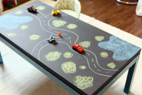 rainbowsandunicornscrafts:DIY Chalkboard Table. Such a great idea and easy to do if you don’t mind w