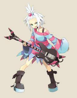 alcharlie:  Her name is Homika. She is a poison gym leader. She is also a punk rocker. Who plays an electric guitar based in a Scolipede. She is cooler than you and you know it.