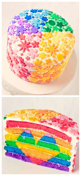 DIY Rainbow Heart Cake. What a labor of love - fondant flowers and all! And if any of you brave soul
