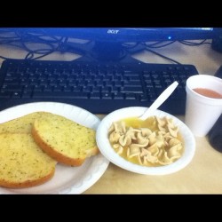 Texas toast, soup and apple juice at the