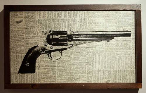 .357 Magnum.  ink and paper on repurposed wood shelving