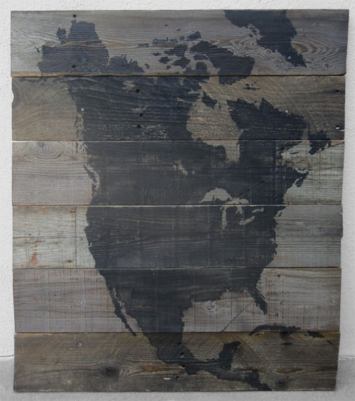 A New Map of North American. Ink on found fence boards.  29.5” x 34”
