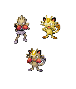 hitmonchan and meowth. is it bad that the fact the hands match so perfectly makes my day?