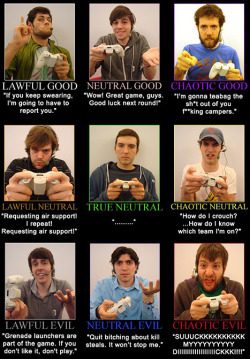 lepreas:  zachcpatton:  fbotu:  D&amp;D alignments   video games.  it’s John! :D  I class myself as a ‘True Neutral’ gamer. I never say anything. Chaotic Evil face is priceless. 