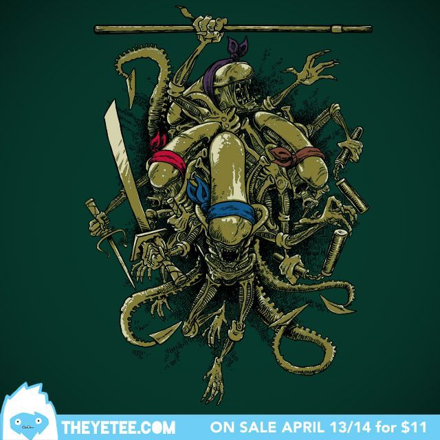 Teenage Mutants Ninja Turtles meet the Xenomorphs in Billy Allison’s new mash up shirt design. On sale at The Yetee for only $11 April 13th & 14th.
Contest Time!: Get a chance at winning the above shirt for free by reblogging this post and commenting...