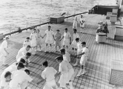 royalwatcher:  Princess Elizabeth and Princess Margaret play deck games with the crew of the H.M.S Vanguard during a royal-family trip to South Africa, 1947. 