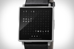 miss-mi:  enochliew:  Qlocktwo W by Biegert &amp; Funk In a square there is a grid of 110 letters. When the stainless steel button is pressed, words light up in unexpected places which describe the time.  I’ve been looking at this and the clock for