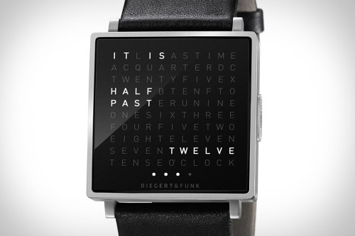 miss-mi:  enochliew:  Qlocktwo W by Biegert & Funk In a square there is a grid of 110 letters. When the stainless steel button is pressed, words light up in unexpected places which describe the time.  I’ve been looking at this and the clock for