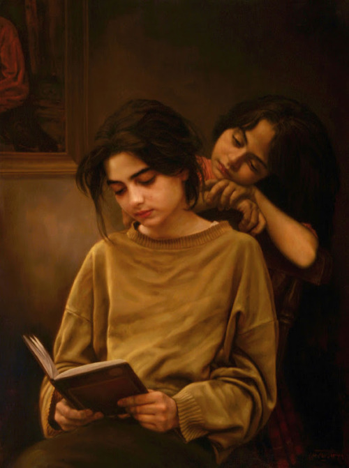 felixinclusis: actegratuit: Iman Maleki Sisters and Book (1997). Oil on canvas. Imān Malek