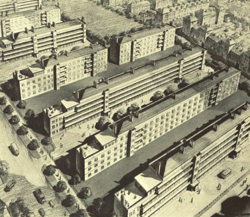 procrete: Artists impression of the Minerva Street Project in Bethnal Green, London (circa 1947). On