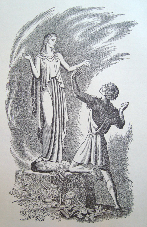 Illustration of Pygmalion and Galatea from Bullfinch’s Mythology.