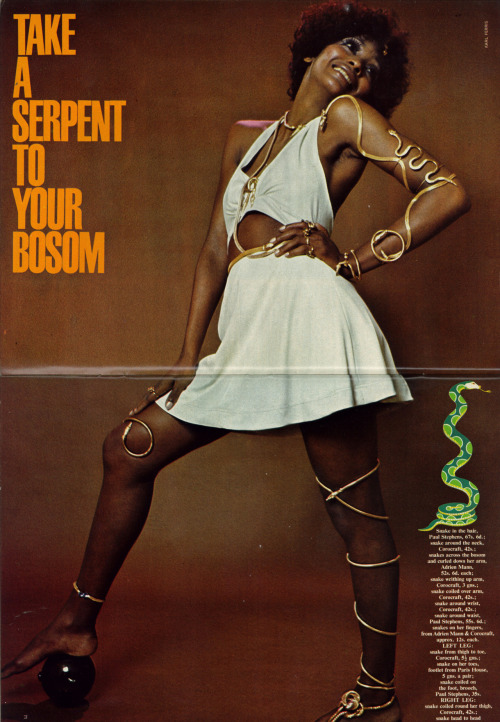 featherstonevintage:Take A Serpent to Your Bossom: Honey Magazine, July 1969Dress: Project One; Snak