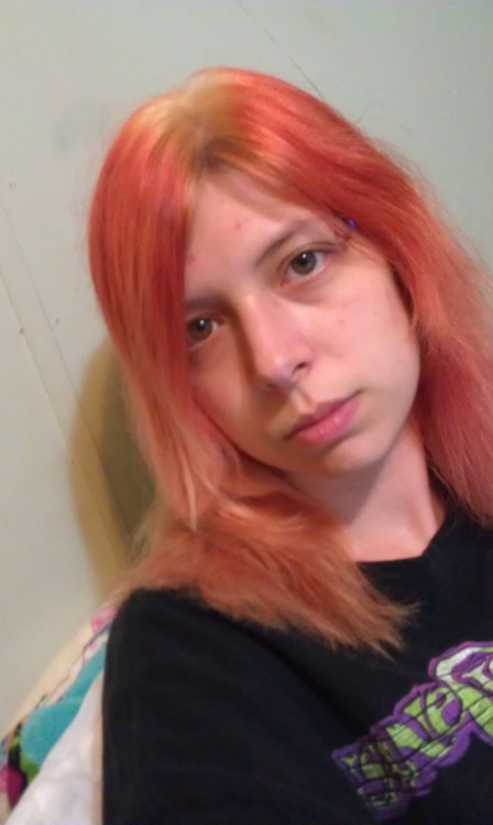 So I did this fire thing to my hair (by accident) before I put the actual color on it… I kinda like it. ^-^  I think I might keep it for a few days. My sister loves it. Lol  She said it made her think of Katniss from The Hunger Games, “The