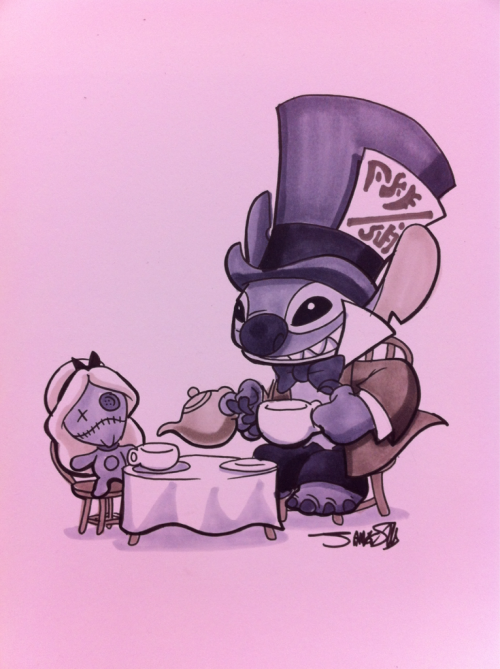 thebirdandthebat:Stitch having tea with “Alice.” Love it!silvaniart:C2E2 commission- A very naughty 