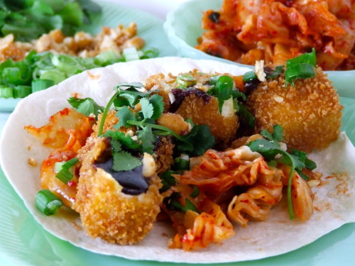 Asian Beer Battered Tofu Tacos with Homemade Kimchi