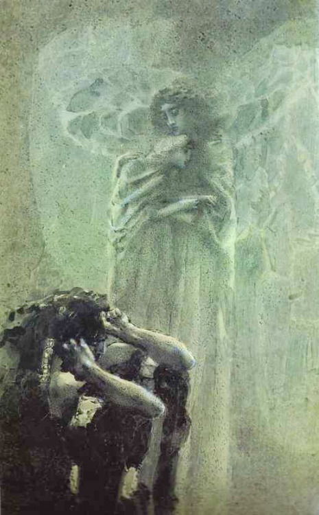 blackpaint20:Mikhail Vrubel, Demon and Angel with the Soul of Tamara, 1891. Watercolor on paper. The