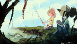 uuber:  PB’s fishing, Marceline closely watches the situation from the shade. Daww That was fun to color and experiment with B) 