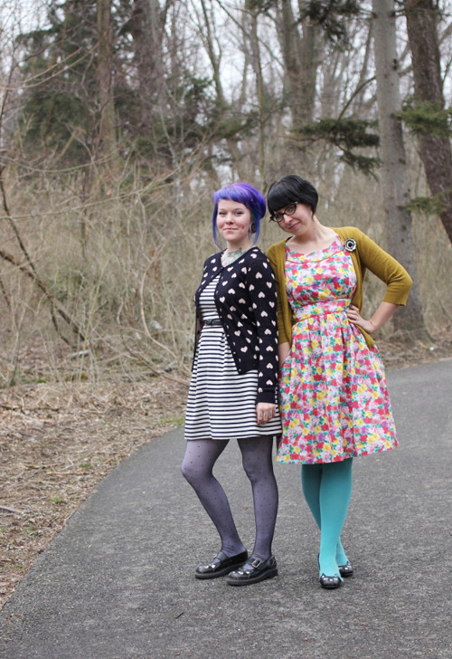 Stripes and florals match perfectly when they’re shared with a friend. Here, Elycia of Love Elycia wears a ModCloth Dress while posing with Kaylah of The Dainty Squid.