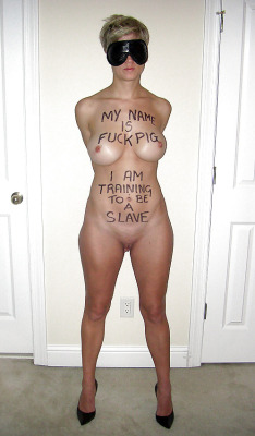 sfsluts:  easyrubber:  Blindfold slut initiated further with slutwriting.  Training to be a humiliated white slave 