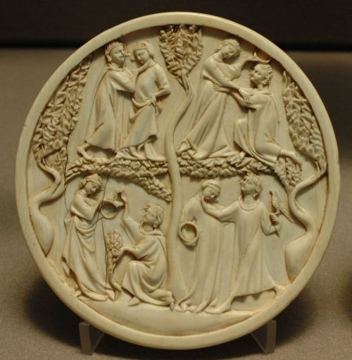 sacredimages:Courtly (Courtly Love) vignettes on an ivory mirror-caseFirst third of the 14th century