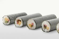 acyanrust:  cybersenshi:  1000-rat-corpses:  alexob:  Creativity at its best: Laser-cut seaweed makes for designer sushi rolls. Japanese ad agency I&amp;SBBDO was approached by a client who wanted to boost their flagging business after the 2011 tsunami