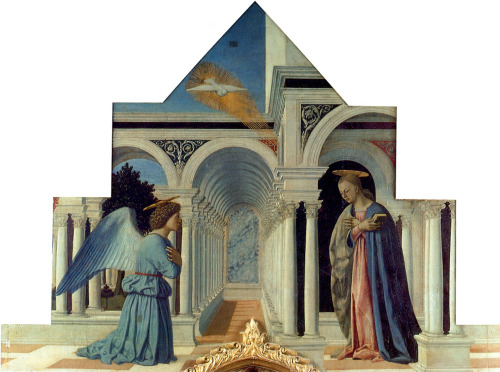 Polyptych of Perugia, detail of the cusp with Annunciation, by Piero della Francesca, Galleria Nazio