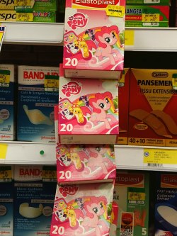 rainbowdash-likesgirls:  Apparently, official My Little Pony band-aids were spotted in a Uniprix in Quebec! I don’t know about you, but these things worked wonder for me. That one time when I had that broken leg and that nasty case of Ebola, I just