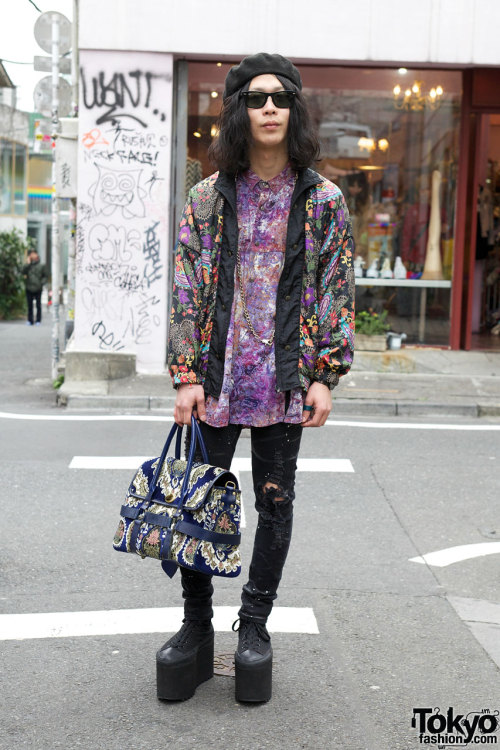 21-year-old Japanese guy w/ paisley jacket &amp; tall Converse platform sneakers in Harajuku.