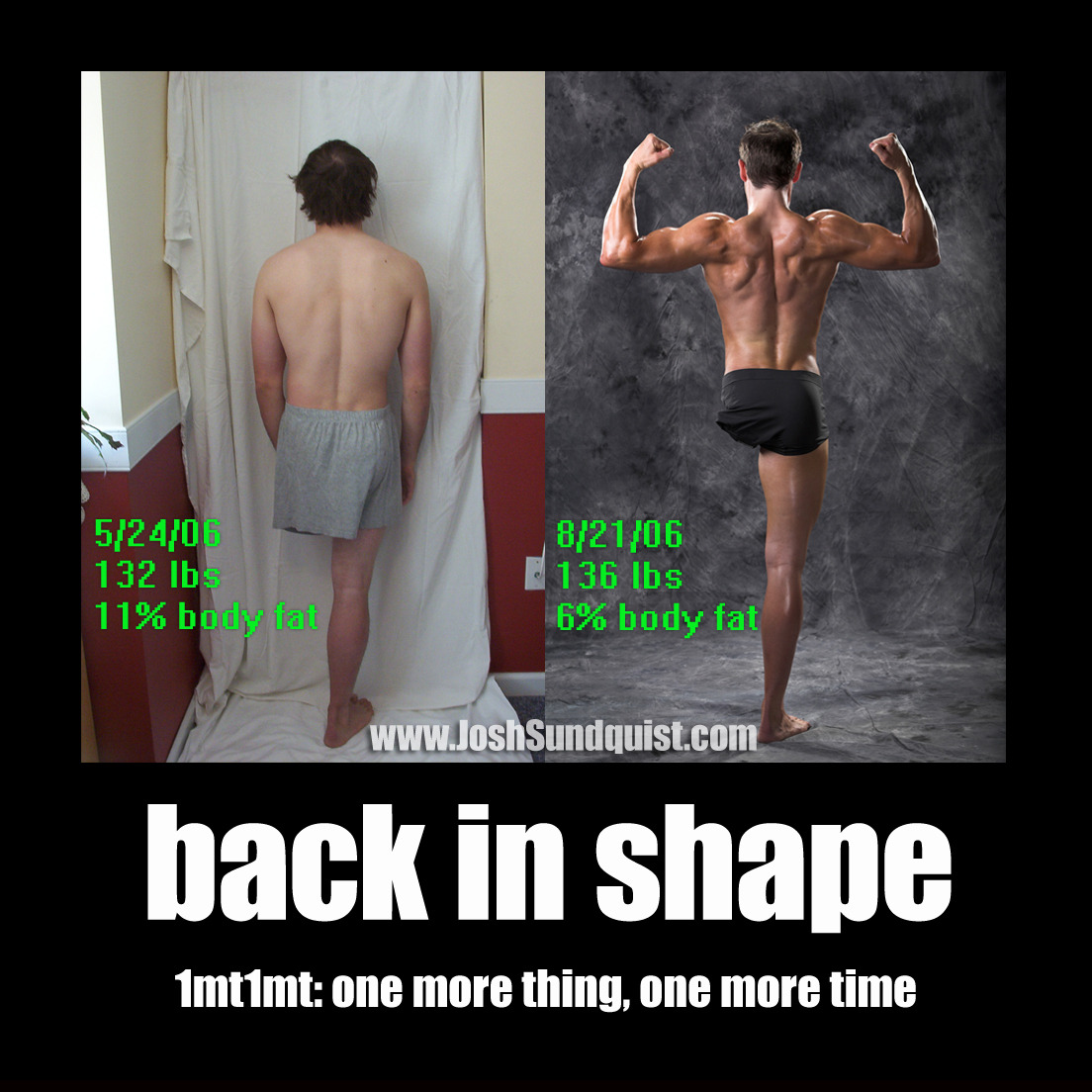 My back before-and-afters from the Body for Life Contest.
This is the first time I’ve put these rear-angle photos online.
Congrats to simplyyyjackyyy who reblogged this post and was randomly selected to win a free t-shirt!