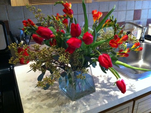 Christmas centerpiece: Tulips, eucalyptus berries.