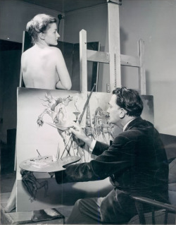 thedoppelganger:  Salvador Dali painting The Temptation of Saint Anthony 