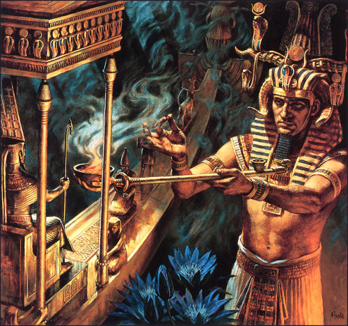merelygifted:  Image of Egyptian Pharoah Ramses II (The Great) (reigned ca 1290 -1224 BCE), offering incense to the god Amon  —Illustration by H. Tom Hall/National Geographic Society  Representations of cannabis use in early history are still somewhat