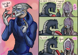 niuniente:  One of the Mass Effect art team members had a habit of drawing lipstick on male turians so thus Garrus with lipstick. Then Legion (babbu! *3*) and Tali tagged along to the lipstick adventures. I can imagine that after this Shepard runs around