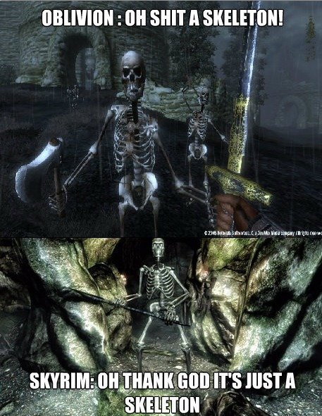 ethanismusic:  ellen0ftroy:  ircimages:  Oblivion v. Skyrim  true. soosossososoos