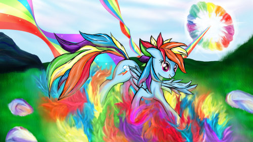 fuckyesrainbowdash:  ground landing after a sonic rainboom ! by BronySaiyan This is a cool concept! This picture is big enough for a wallpaper and there’s an even larger version available. 