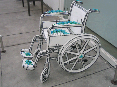 Tariq Alvi, Happy Birthday, 2005, installed at the Wattis Institute for Contemporary Arts California College of the Arts, San Francisco.
(Yes an impeccably iced wheelchair.)
Dodie Bellamy, from her “New Age date” with Tariq: Normal life has been...