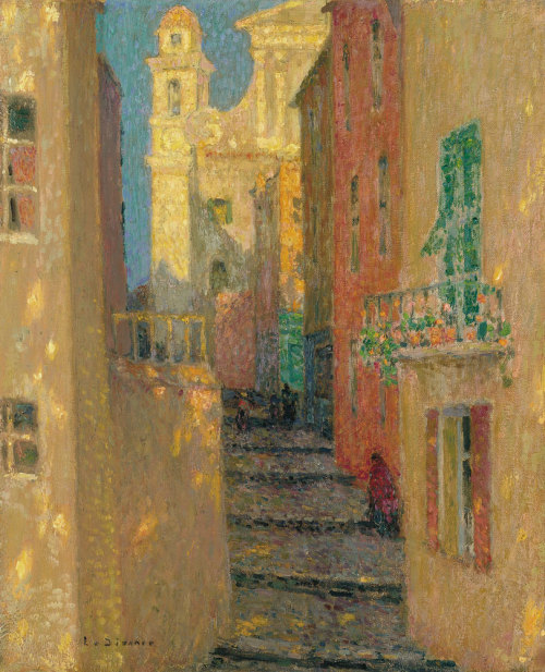 dientes-de-leche:Henri Le Sidaner - Church Street, Villefranche-sur-Mer, 1928