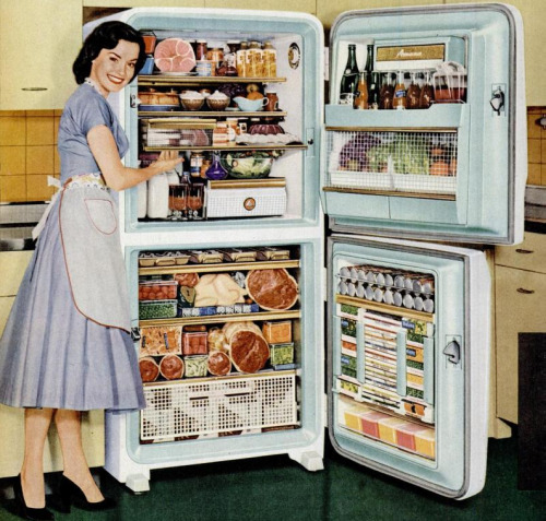 theniftyfifties:Fully Stocked… Amana Refrigerator Advertisement, 1956.