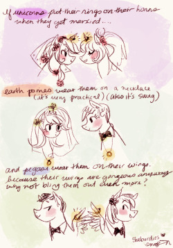 shaburdies:  BEING A LITTLE MORE SERIOUS HERE here’s my headcanon on other pony types wearing their wedding rings!! please don’t take this seriously and hate me. haha also this gave me the chance to draw some cute gay and non-binary ponnies getting