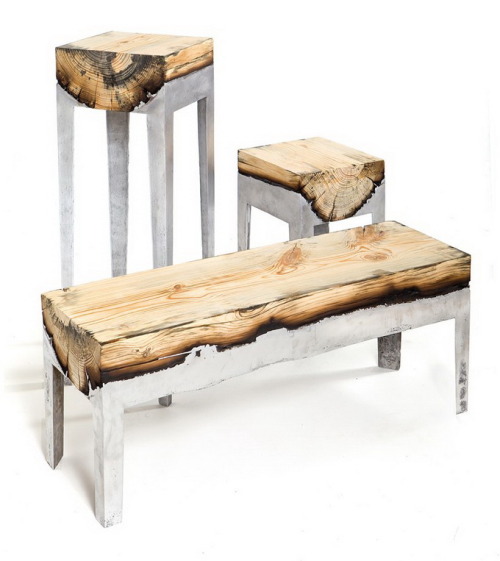 Furniture from &lsquo;Wood Casting&rsquo; series by Hilla Shamia. Aliminium and burnt wood c