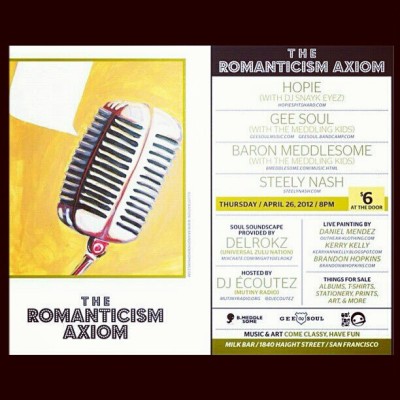 ec0utez:
“ Tonight’s the night! The #RomanticismAxiomShow is 8p-2a at the Milk Bar in the Haight across from Amoeba. LIVE ART & MUSIC ft. @hopiespitshard @geesoul @bmedd @steelynash & the #meddlingkids. Oh, btw: I’m hosting! Only $6. See ya thurr ;)...