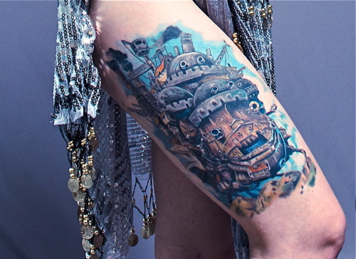 fuckyeahtattoos:  My Howl’s Moving Castle tattoo by DJ Clarke of Austin, Texas. Located on my right thigh. My absolute favorite piece :)