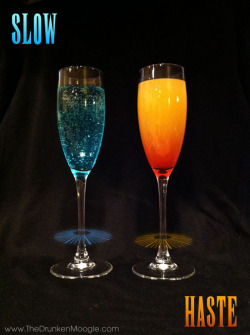 thedrunkenmoogle:  Slow and Haste (Final Fantasy cocktail and mocktail) Ingredients:Slow-1.5 oz. UV Blue Raspberry Vodka1 splash of Rose’s Blue Raspberry Cocktail Mix4 oz. SpriteHaste:1.5 oz. Orange juice1.5 oz. Pineapple juice3 oz. Red Bull1 splash