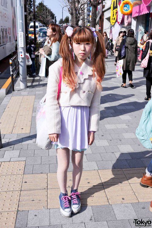 Cute Japanese twintail hairstyle & platform Converse with Hello Kitty laces near Harajuku Statio