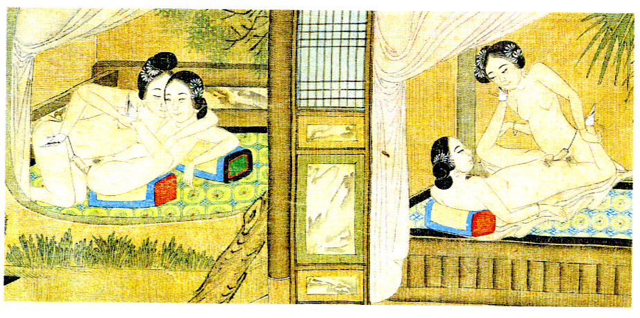 sinousine:  Chinese erotic art set depicting two women and a strap-on. 
