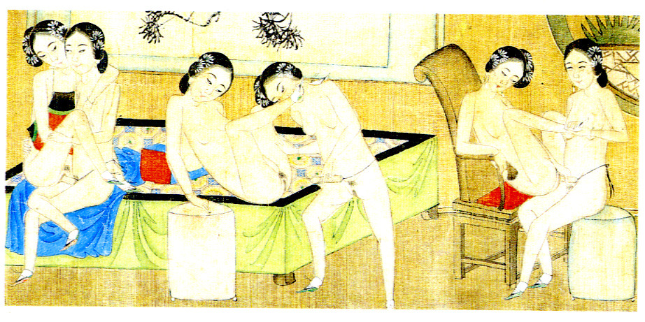 sinousine:  Chinese erotic art set depicting two women and a strap-on. 
