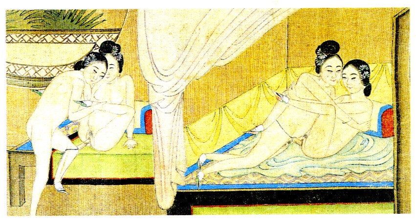 sinousine:  Chinese erotic art set depicting two women and a strap-on. 
